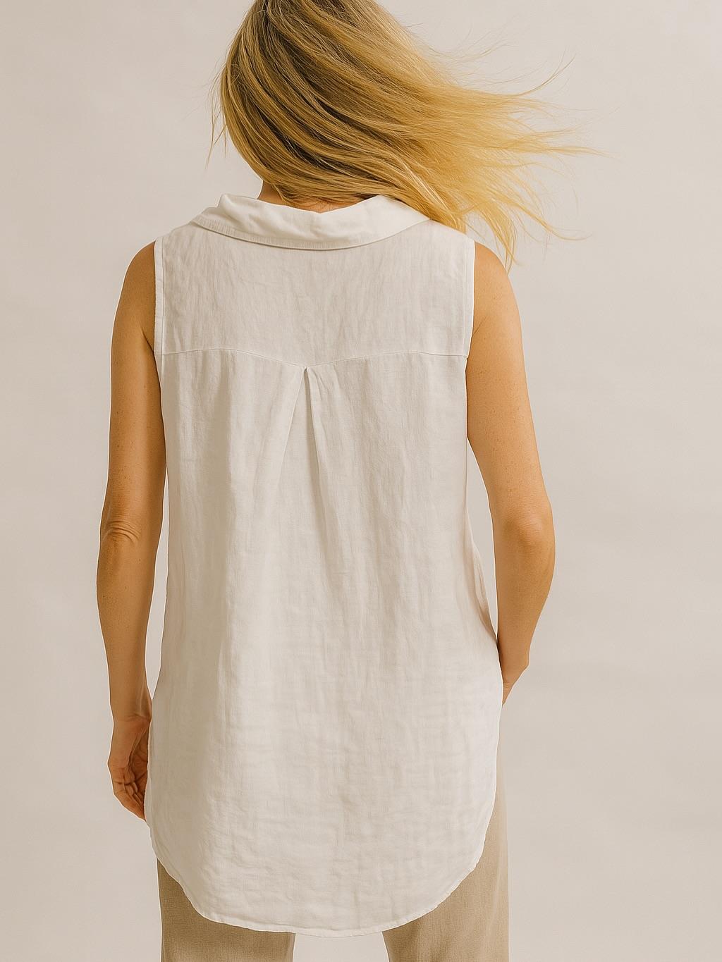 İtalyan Önden Bağlamalı Kolsuz Keten Gömlek - BEYAZ