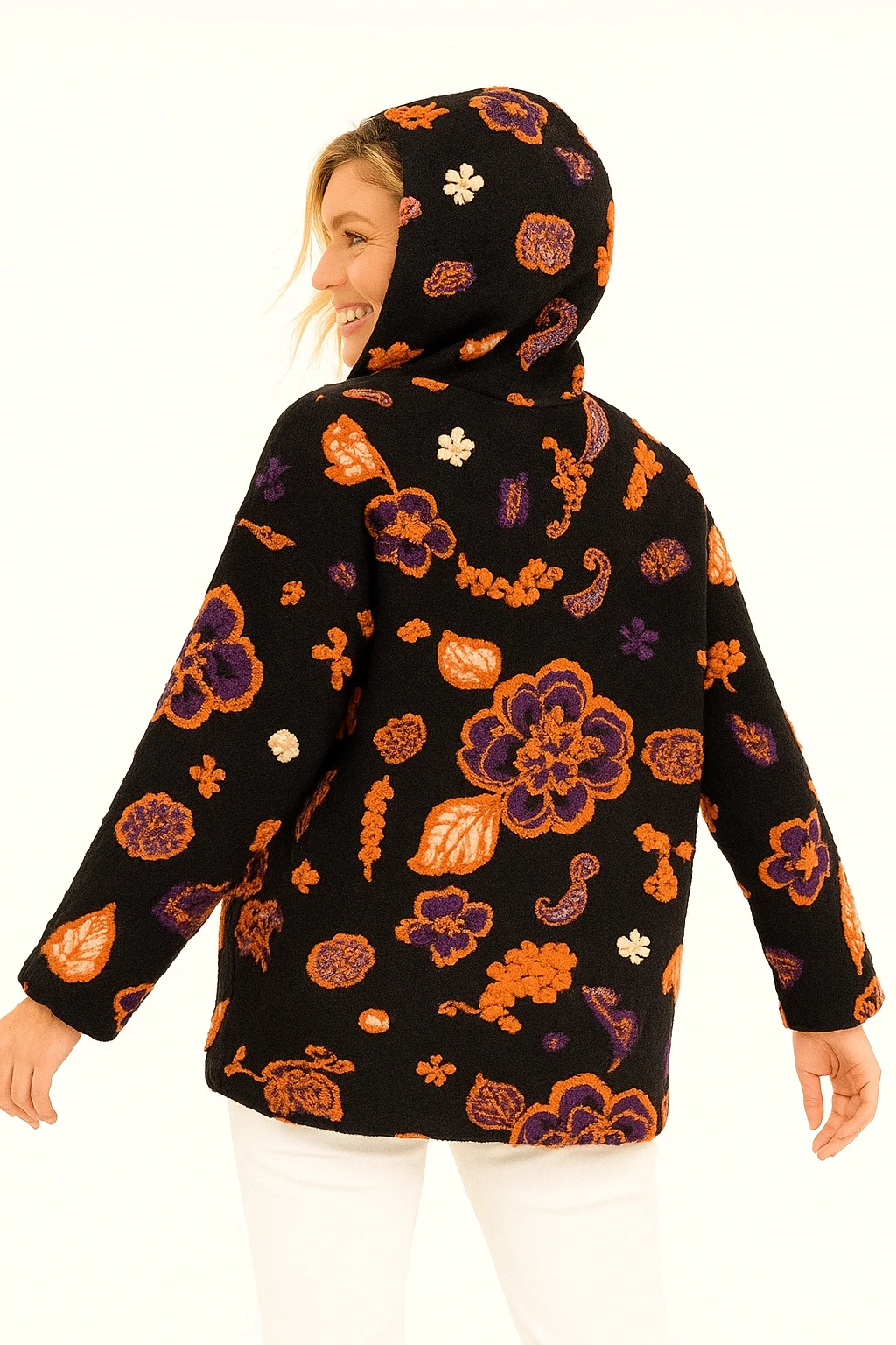 İtalyan Çiçek Tasarımlı Kapüşonlu Keçe Kaban - SİYAH