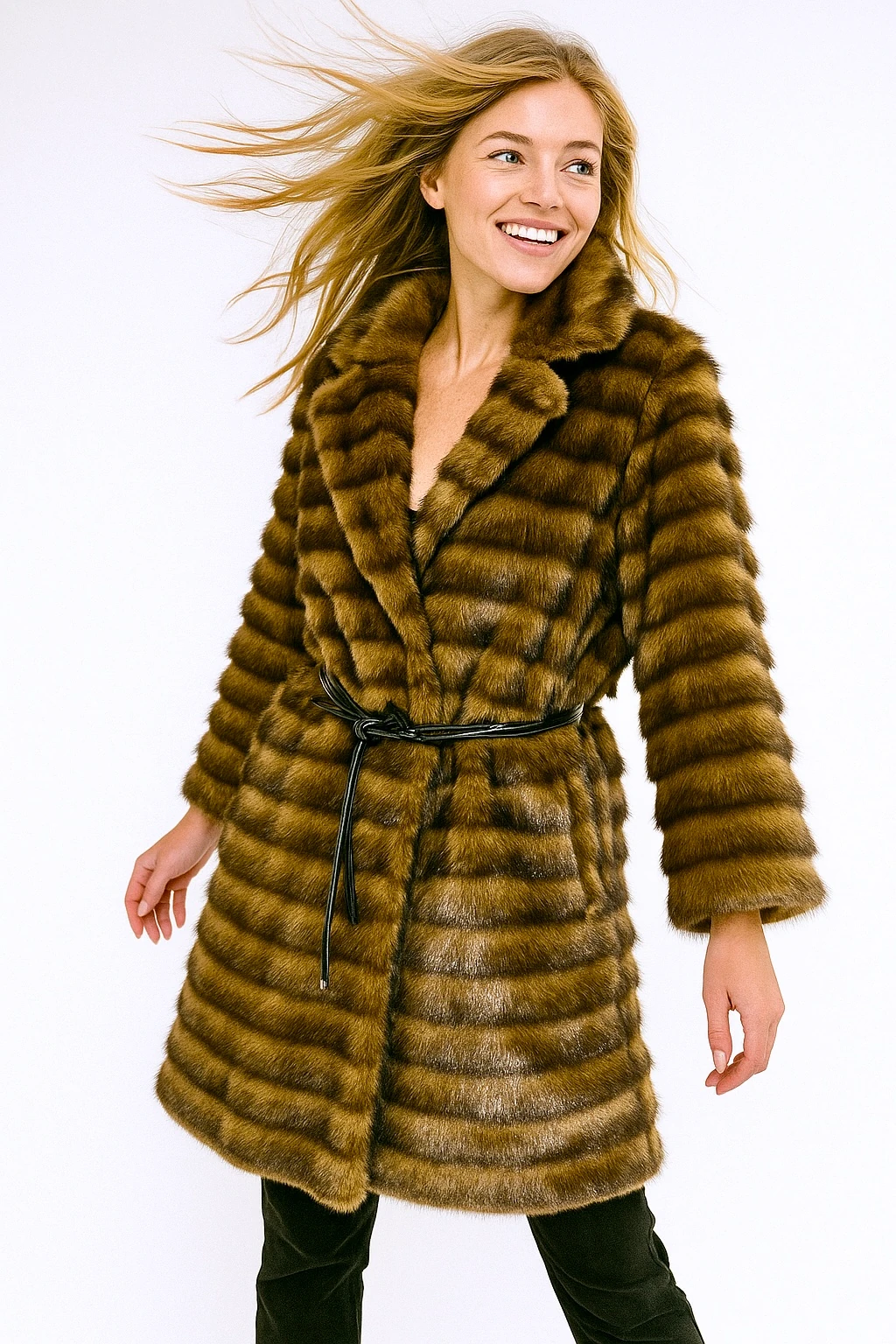 İtalyan Önden Bağlamalı Gömlek Yaka Kürk - KAHVERENGİ