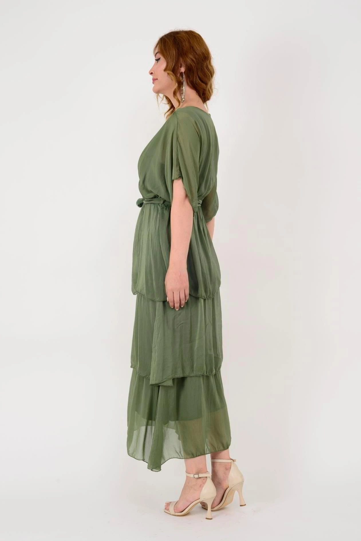 İtalyan İpek Belden Bağlamalı Elbise - HAKİ