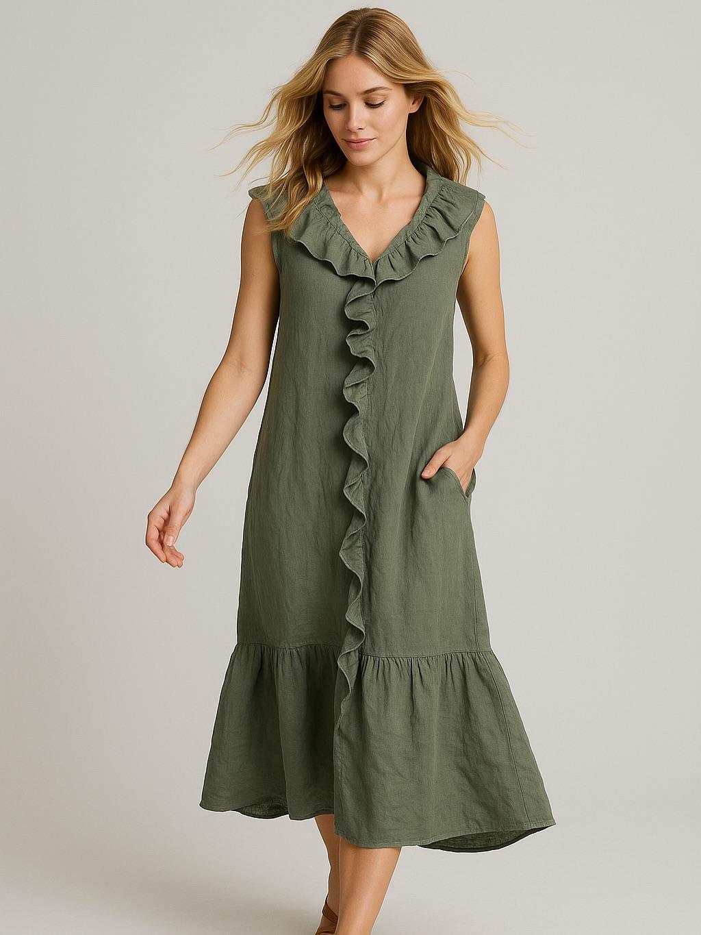 İtalyan Fırfır Detaylı Keten Elbise - HAKİ