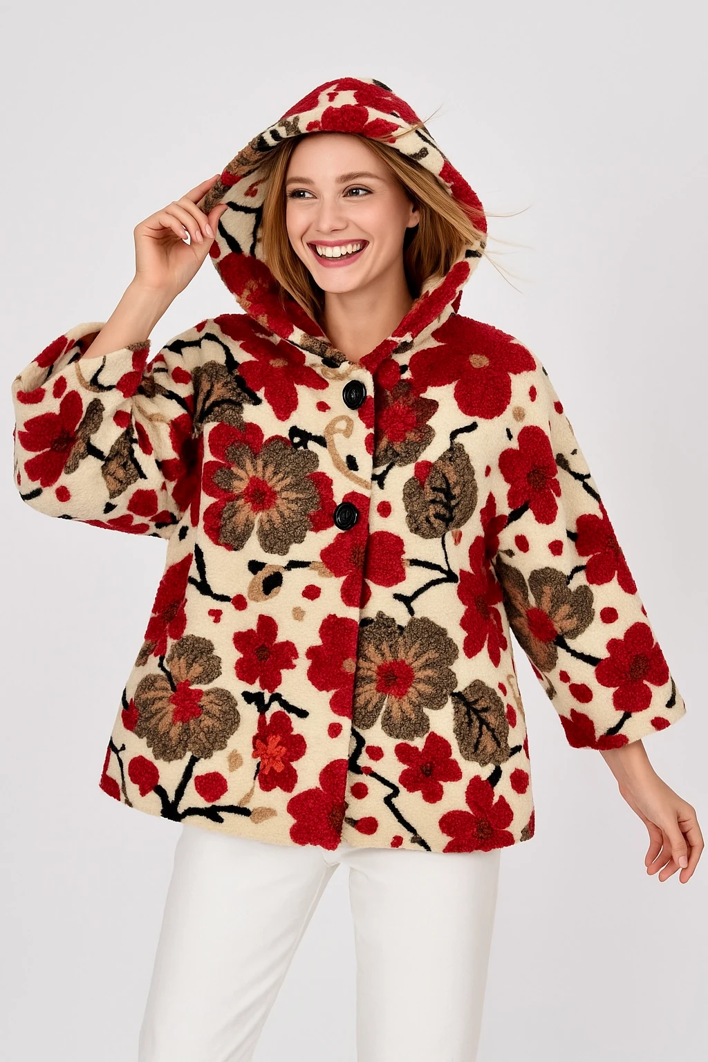 İtalyan Çiçek Kabartmalı Kapüşonlu Keçe Kaban - KREM