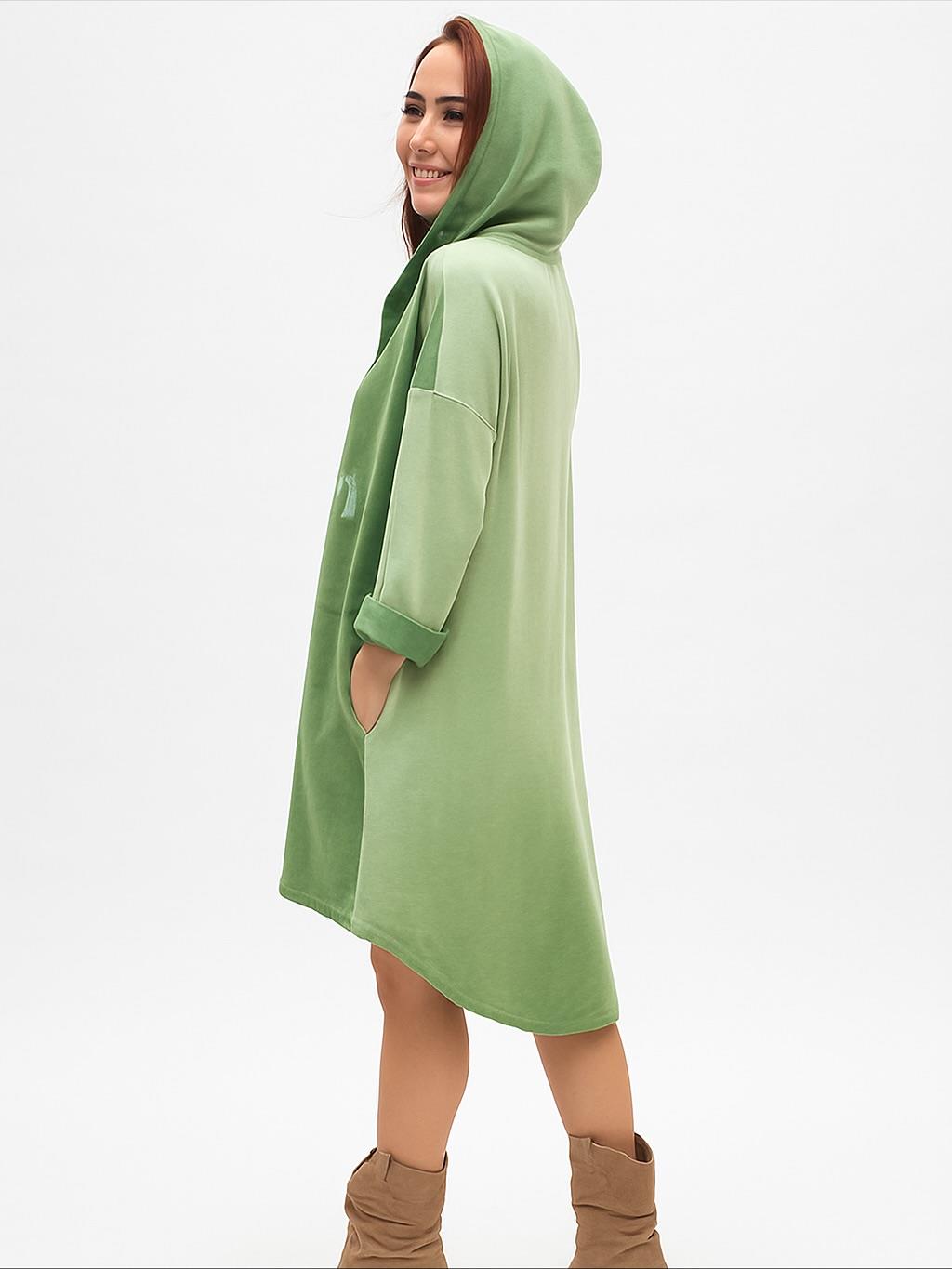 İtalyan Kapüşonlu Nubuk Elbise - YEŞİL
