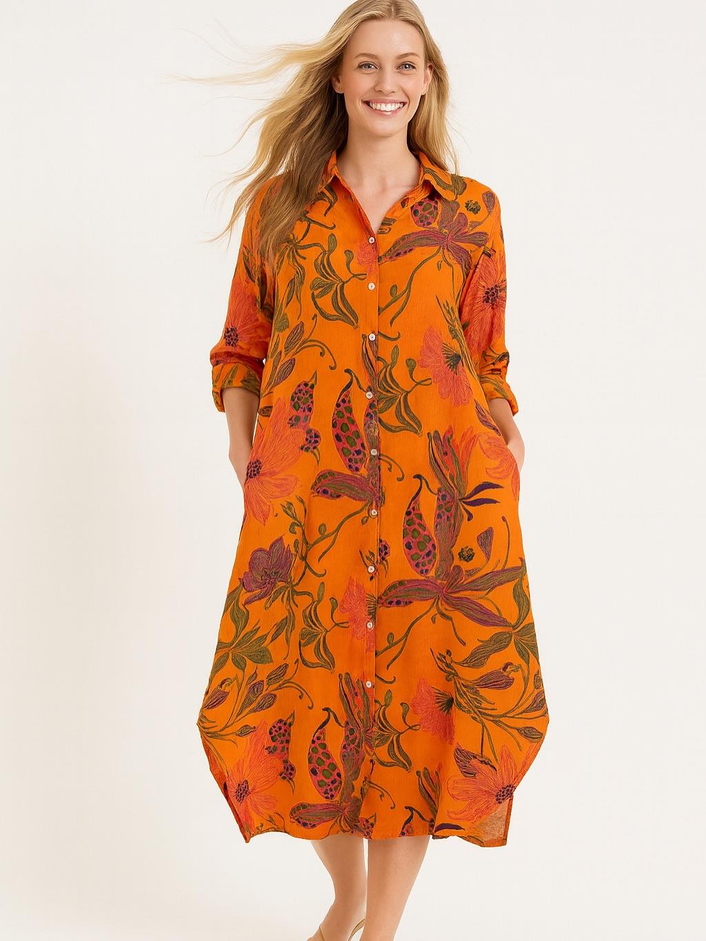 İtalyan Keten Dal Desenli Elbise - TURUNCU