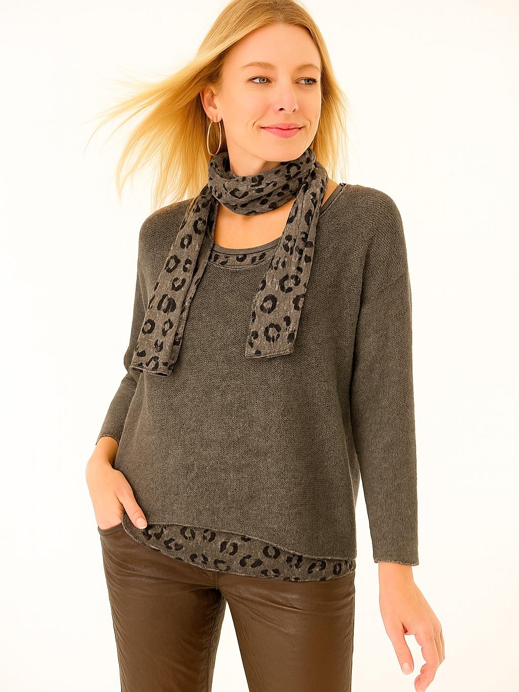 İtalyan Fularlı Triko Takım Bluz - KAHVE