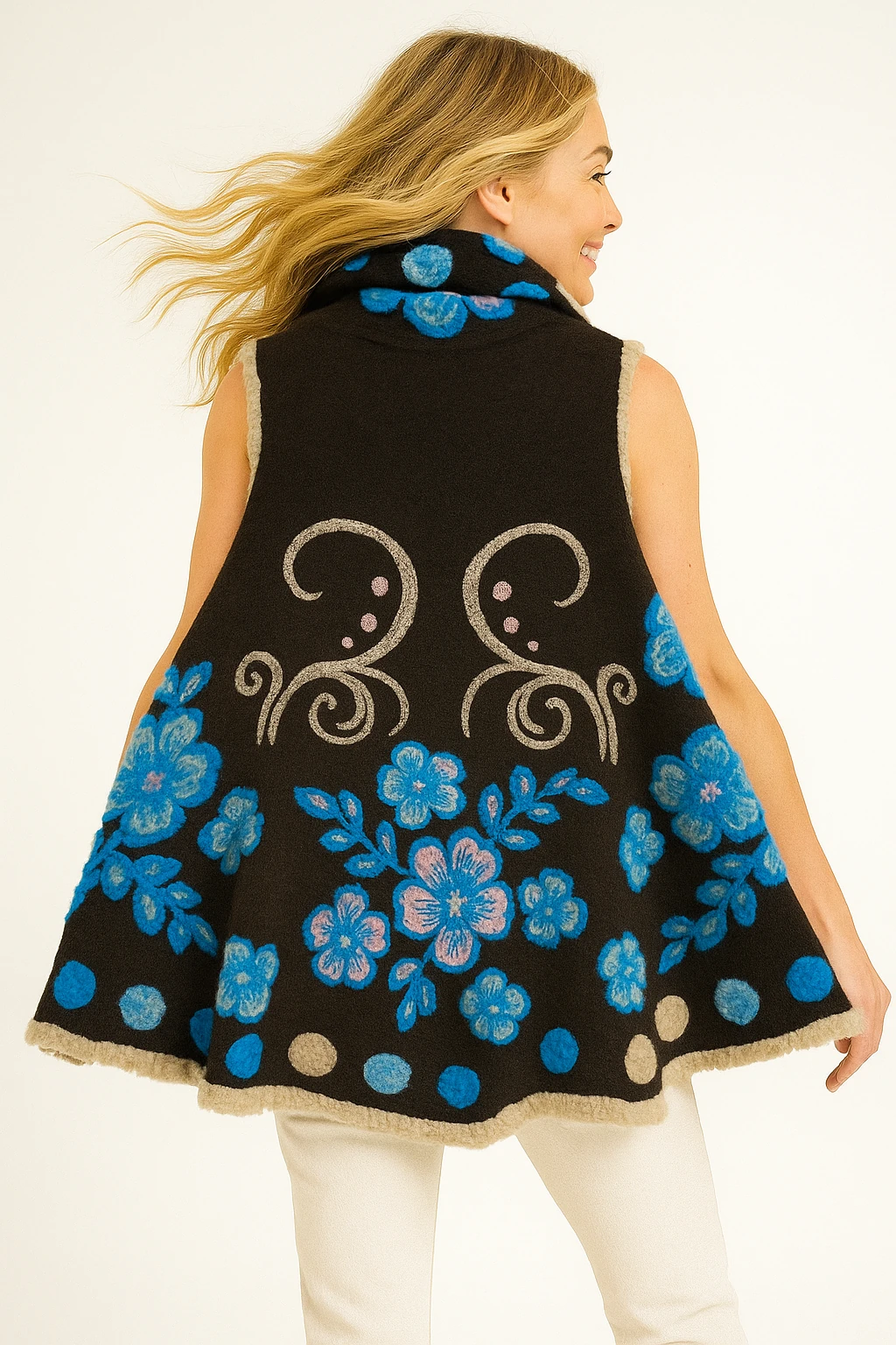 İtalyan Çiçek Kabartmalı Keçe Yelek - KAHVE