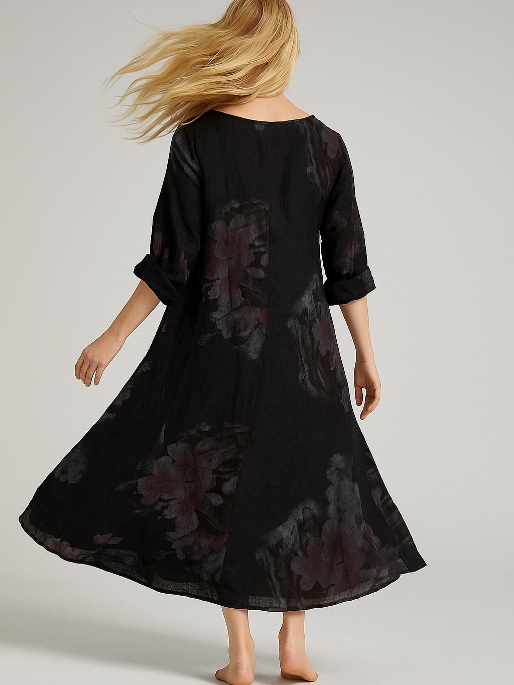 İtalyan Çiçek Desenli Keten Elbise - SİYAH