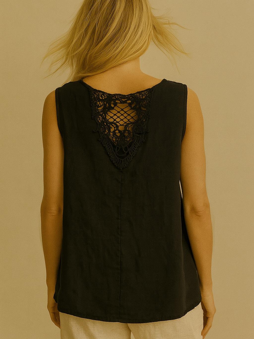 İtalyan Sırt Dantel Detaylı Keten Bluz - SİYAH