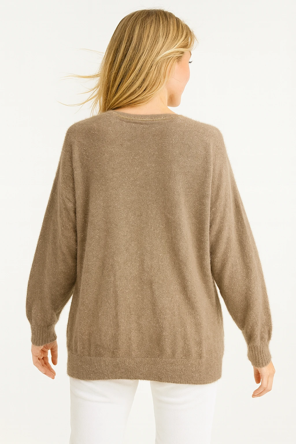 İtalyan V Yaka Simli Triko Bluz - VİZON