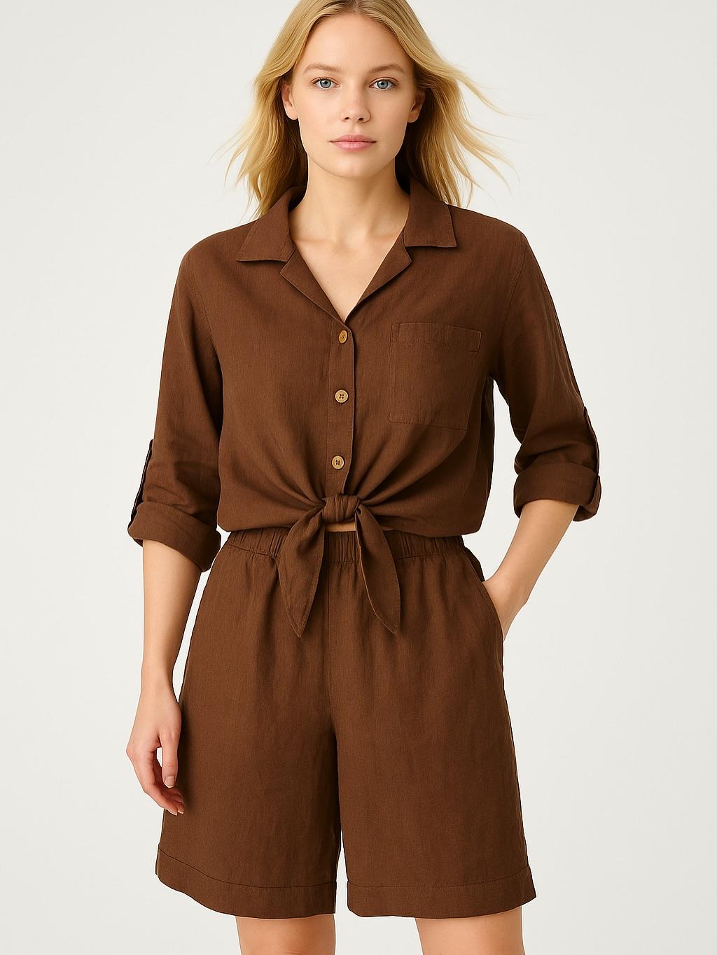 İtalyan Keten Şort Takım - KAHVERENGİ