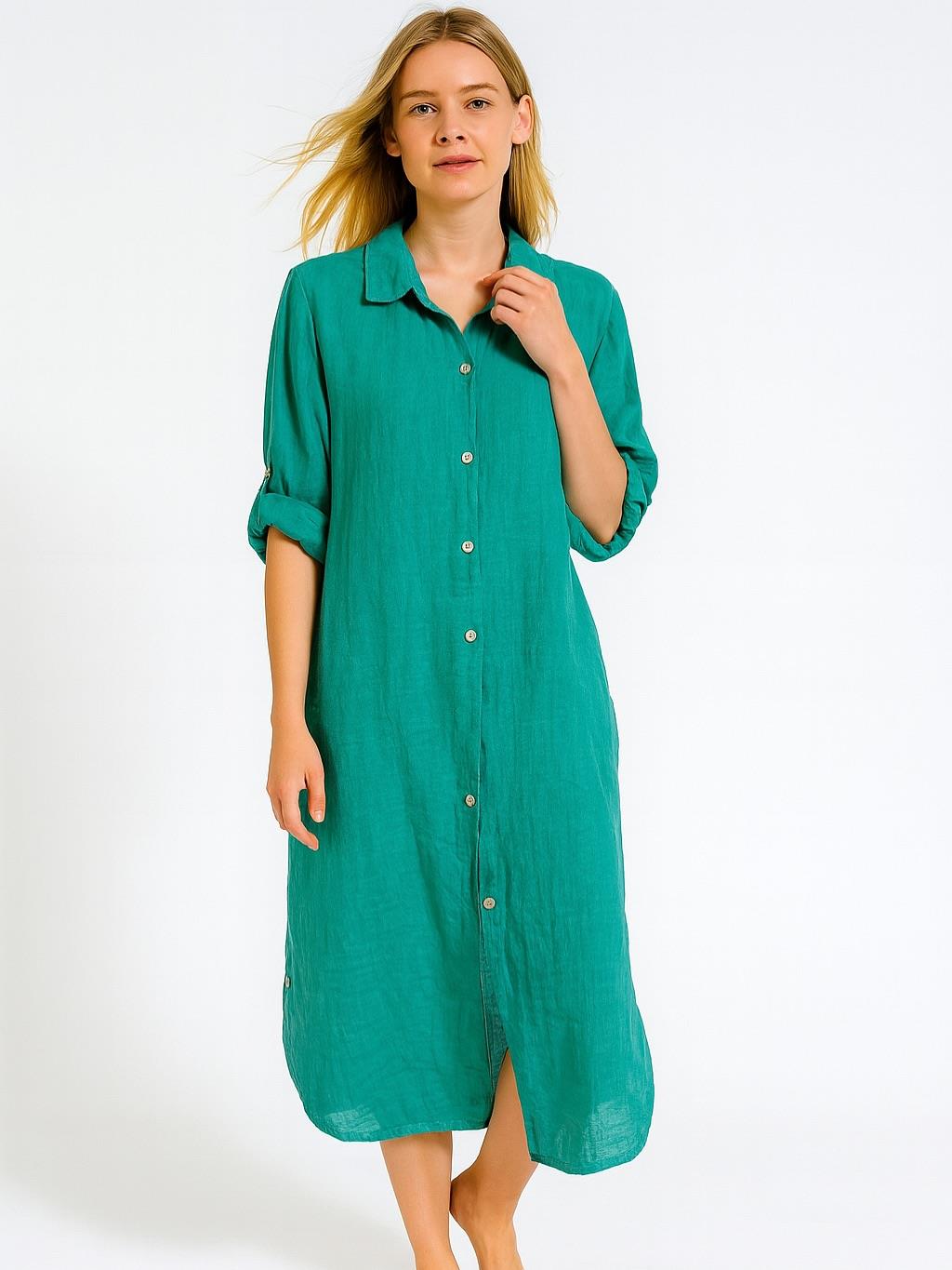 İtalyan Keten Sırtı Dantelli Elbise - PETROL MAVİSİ