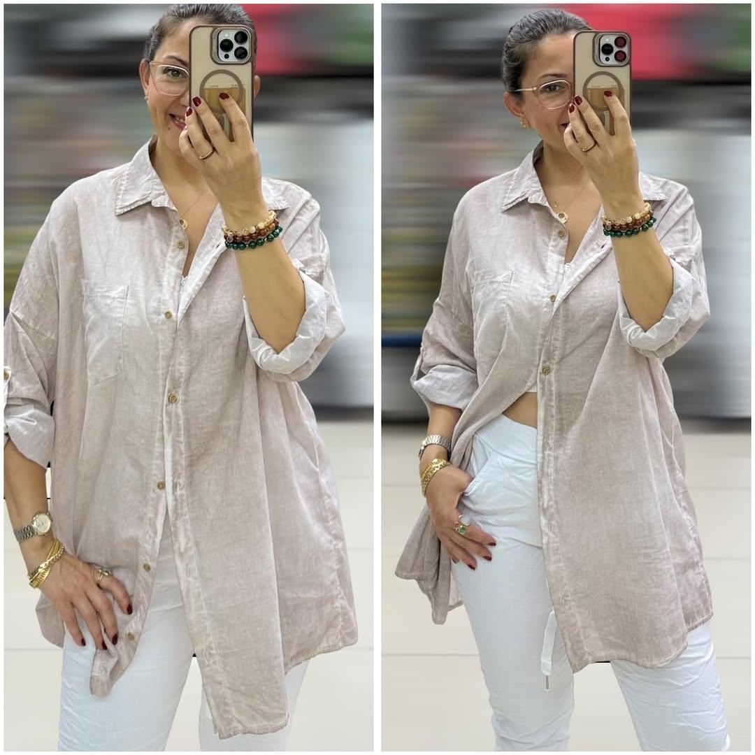 İtalyan Taşlanmış Pamuklu Coton Gömlek - BEJ