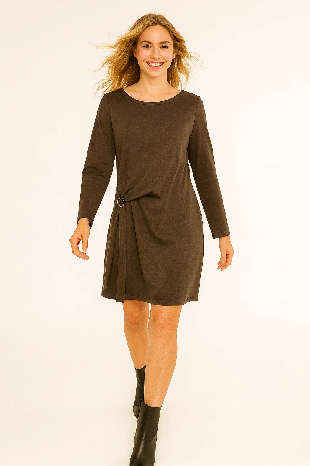 İtalyan Tasarım Saten Elbise - KAHVERENGİ