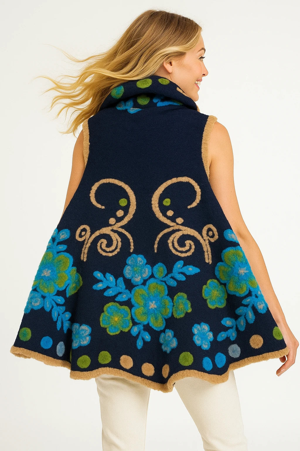 İtalyan Çiçek Kabartmalı Keçe Yelek - LACİVERT