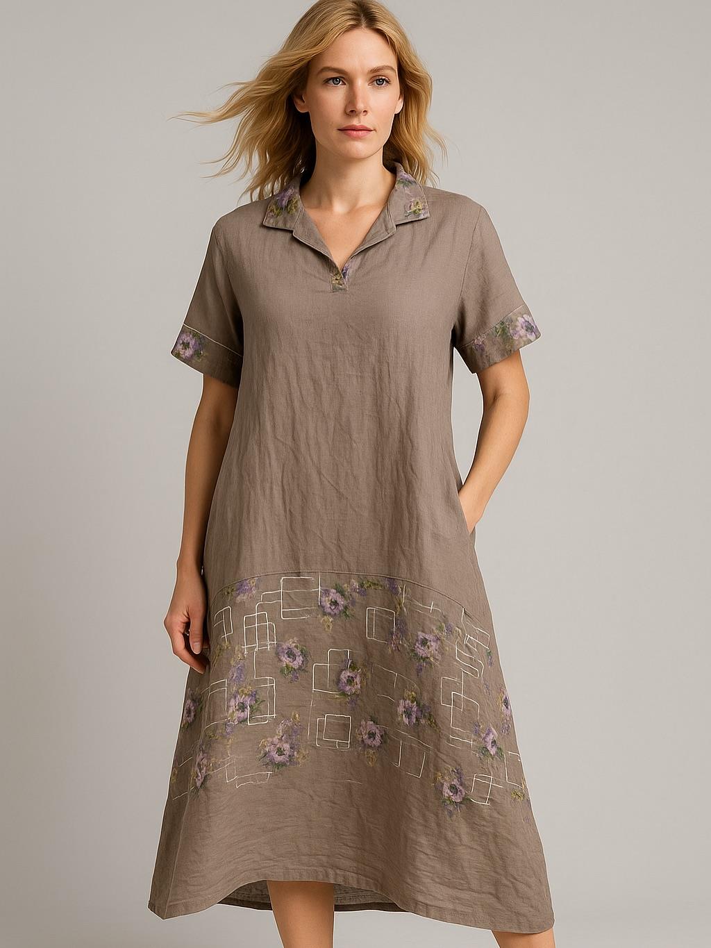 İtalyan Çiçek Desenli Keten Elbise - VİZON