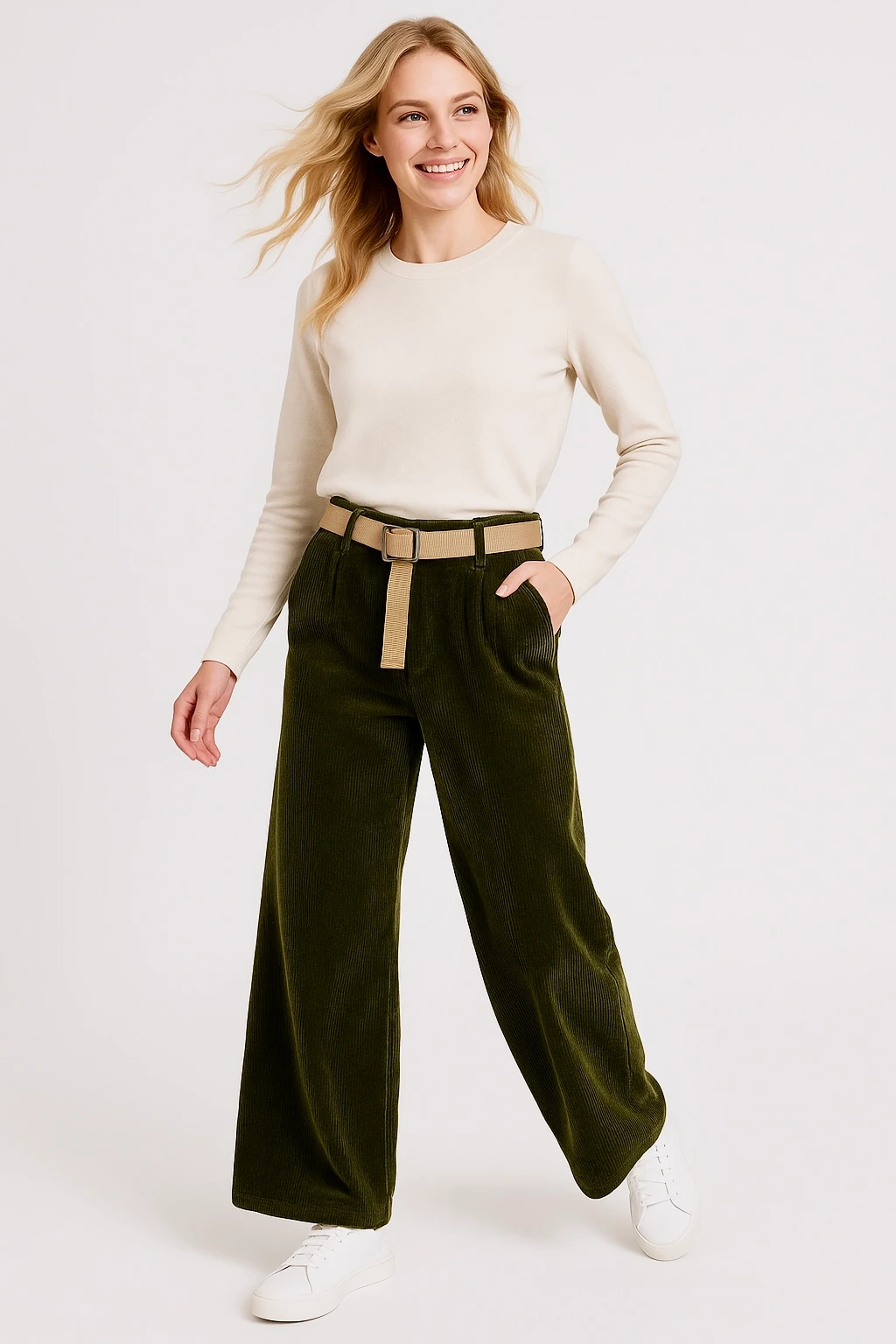 İtalyan Kadife Boru Paça Kemerli Pantolon - ZÜMRÜT YEŞİLİ