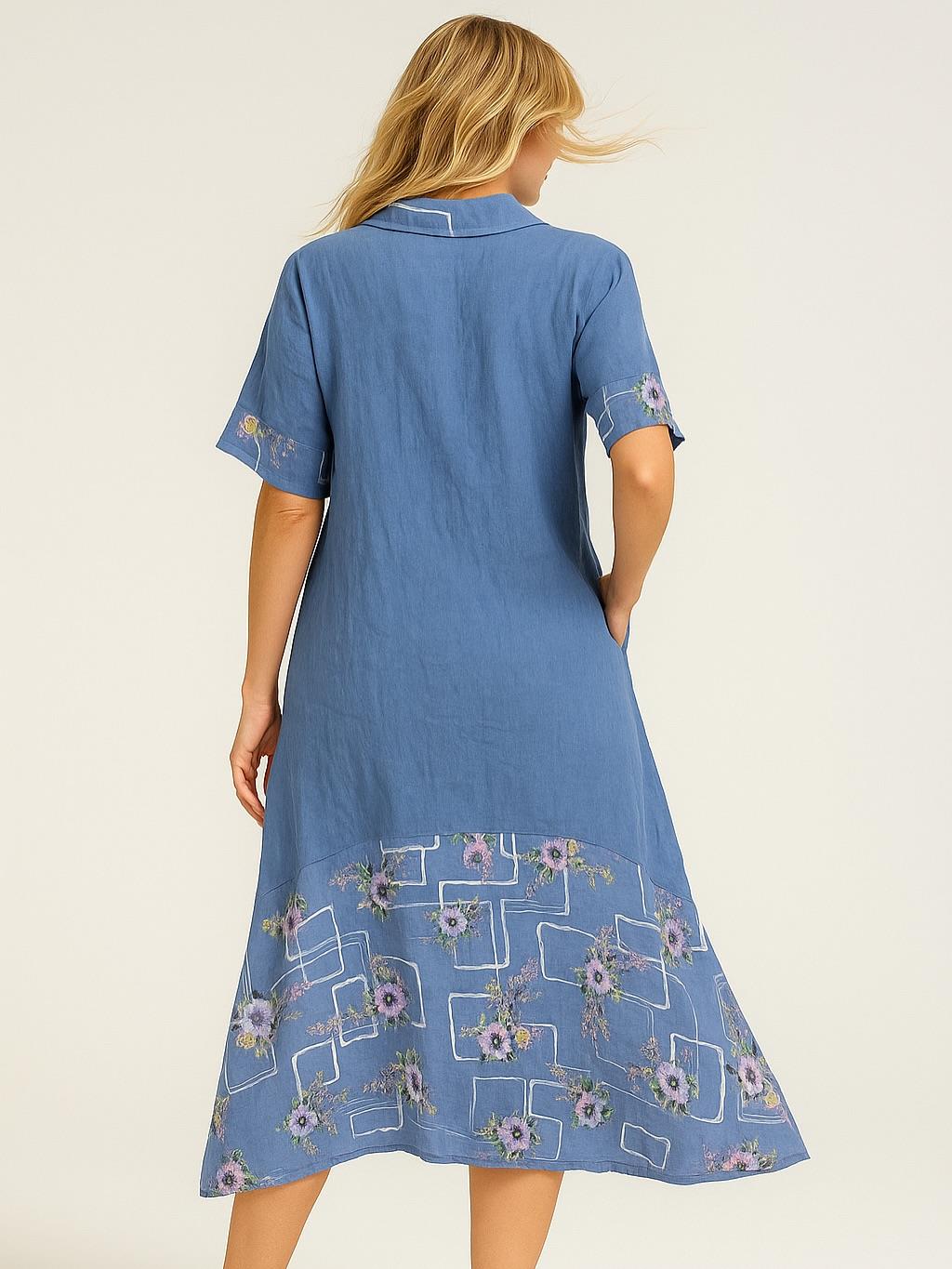 İtalyan Çiçek Desenli Keten Elbise - MAVİ