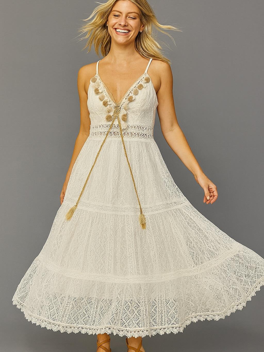 İtalyan Dantel Ponponlu Elbise - BEYAZ