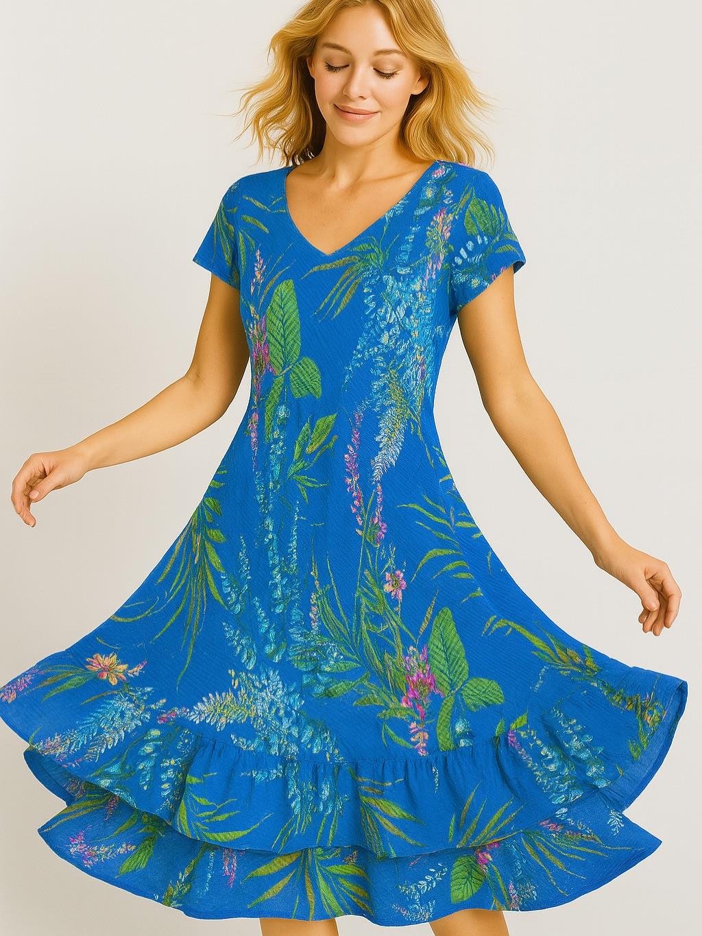 İtalyan Pamuk Keten Elbise - SAKS MAVİ