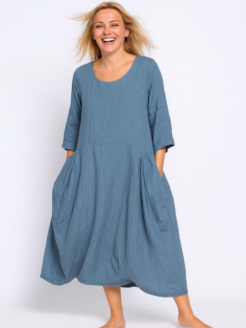 İtalyan Keten Cep Detaylı Elbise - MAVİ