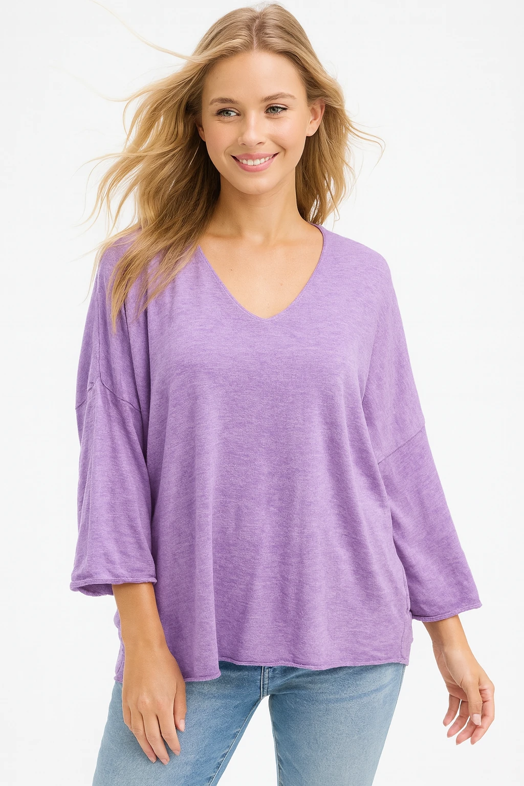 İtalyan V Yaka Triko Bluz - LİLA