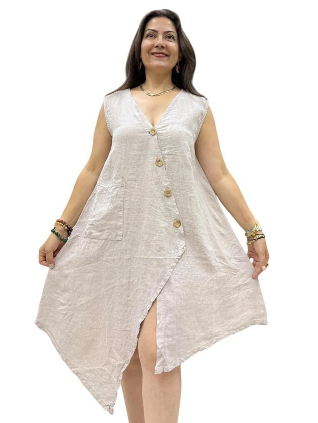 İtalyan Keten Tasarım Elbise - BEJ
