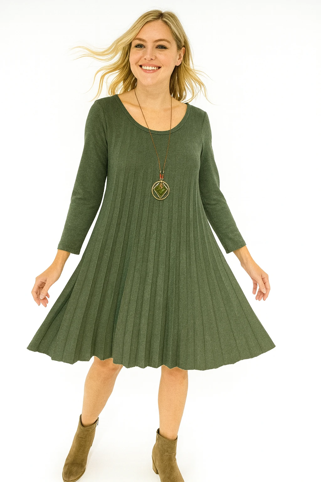 İtalyan Pileli Triko Elbise - HAKİ