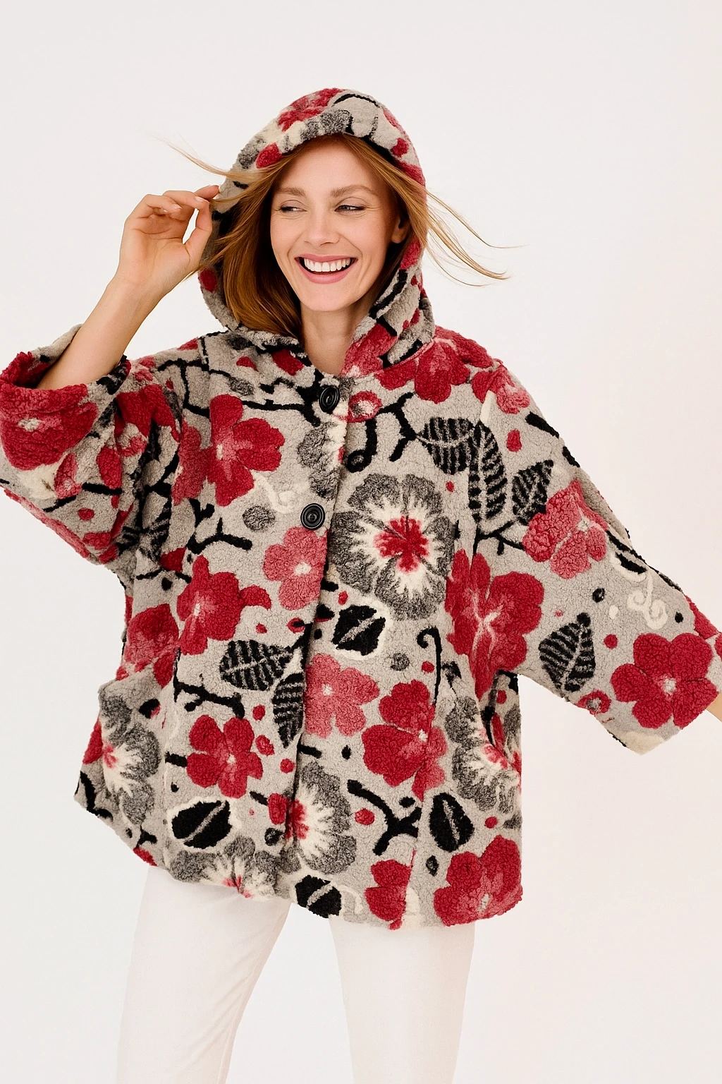 İtalyan Çiçek Kabartmalı Kapüşonlu Keçe Kaban - GRİ