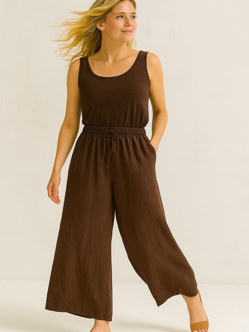 İtalyan Keten Boru Paça Pantolon - KAHVERENGİ