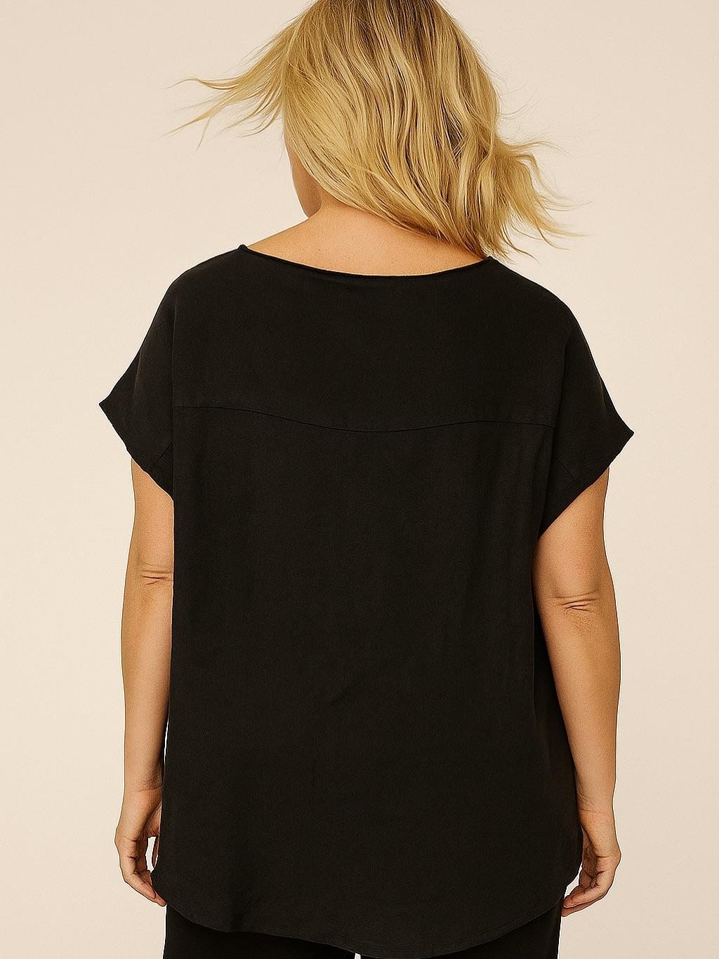 İtalyan Çiçek Desenli Keten Bluz - SİYAH