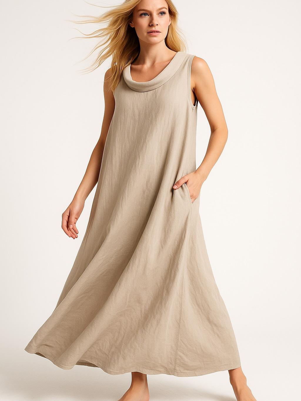 İtalyan Yaka Detaylı Keten Elbise - BEJ