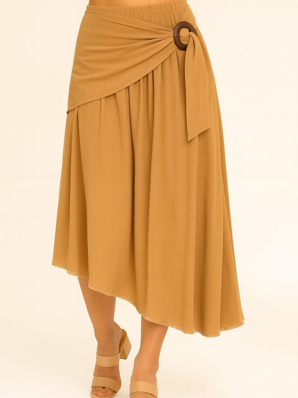 İtalyan Kadife Önden Bağlamalı Etek - VİZON