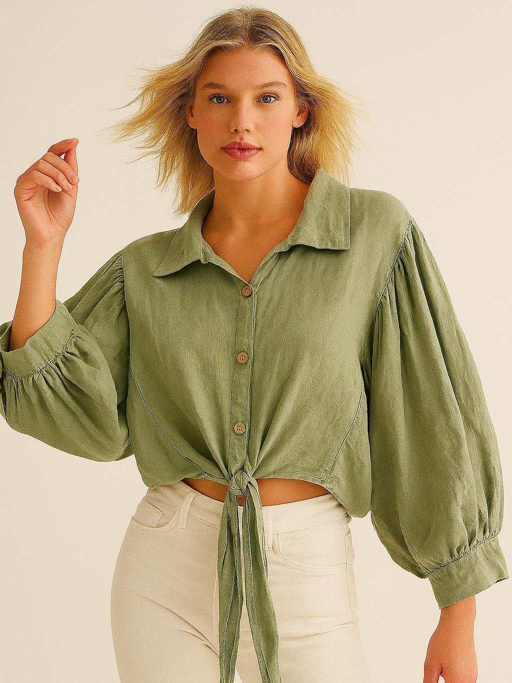 İtalyan  Özel Tasarım Keten Gömlek - HAKİ