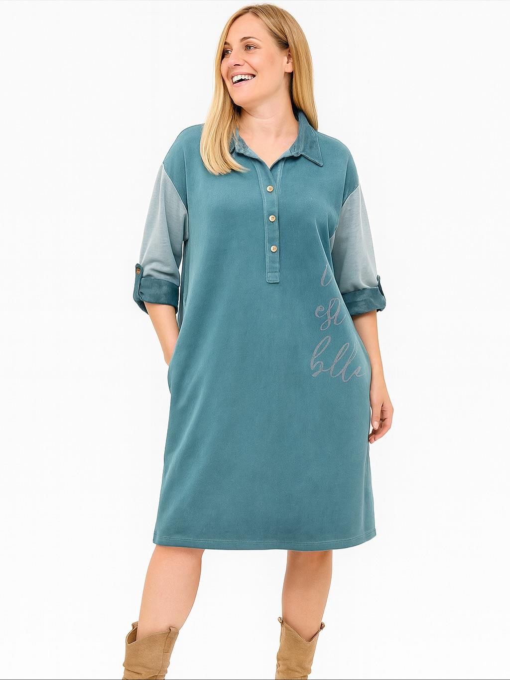 İtalyan Yazı Detaylı Nubuk Elbise - İNDİGO