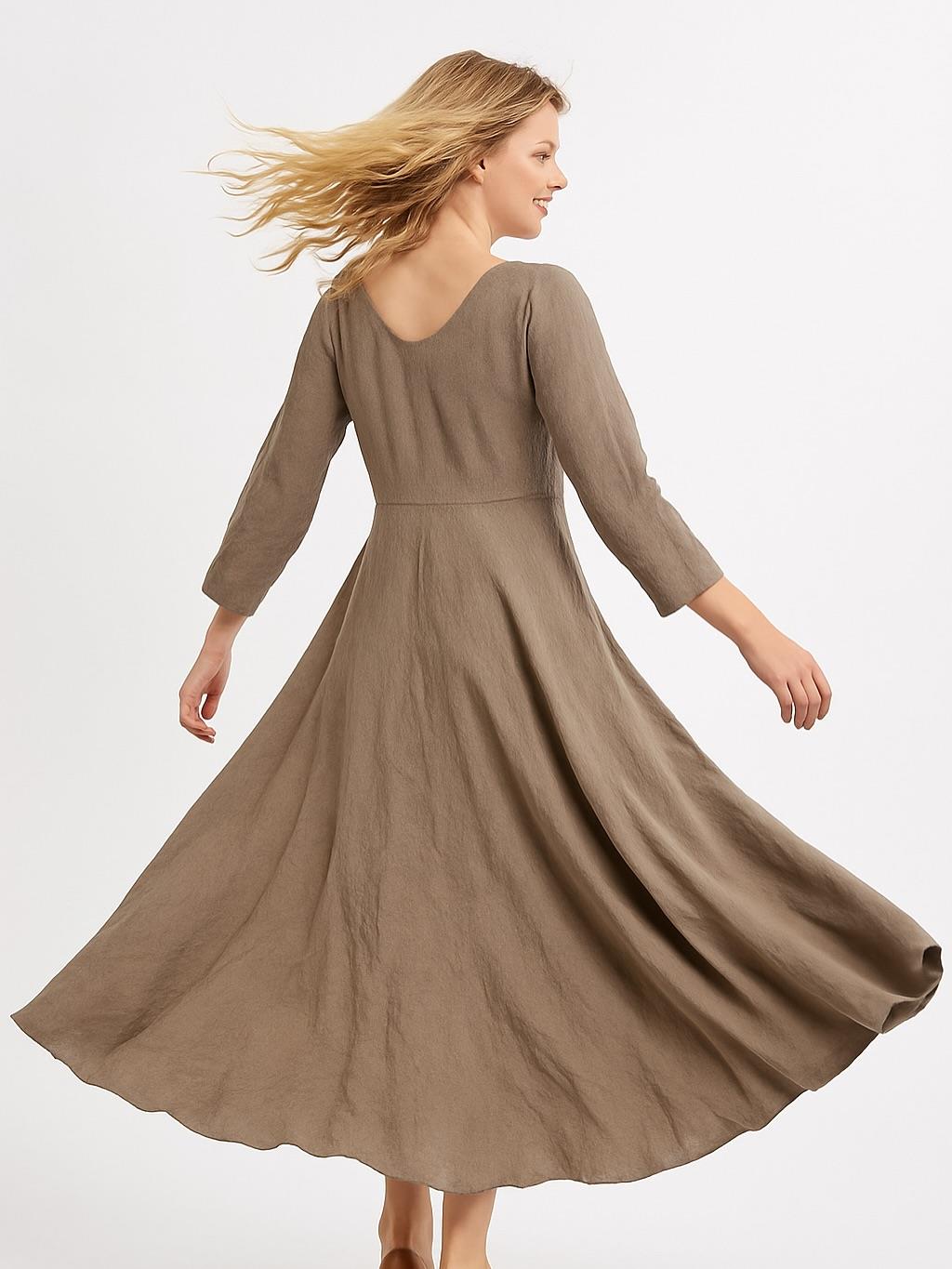 İtalyan Keten V Yaka Elbise - VİZON