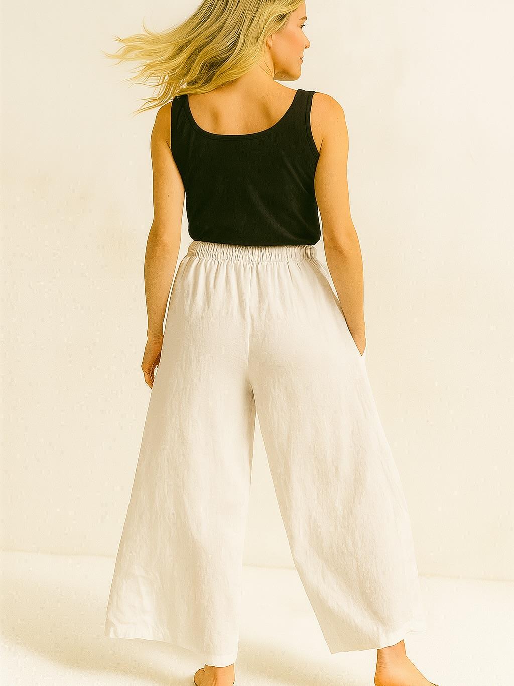 İtalyan Keten Boru Paça Pantolon - BEYAZ