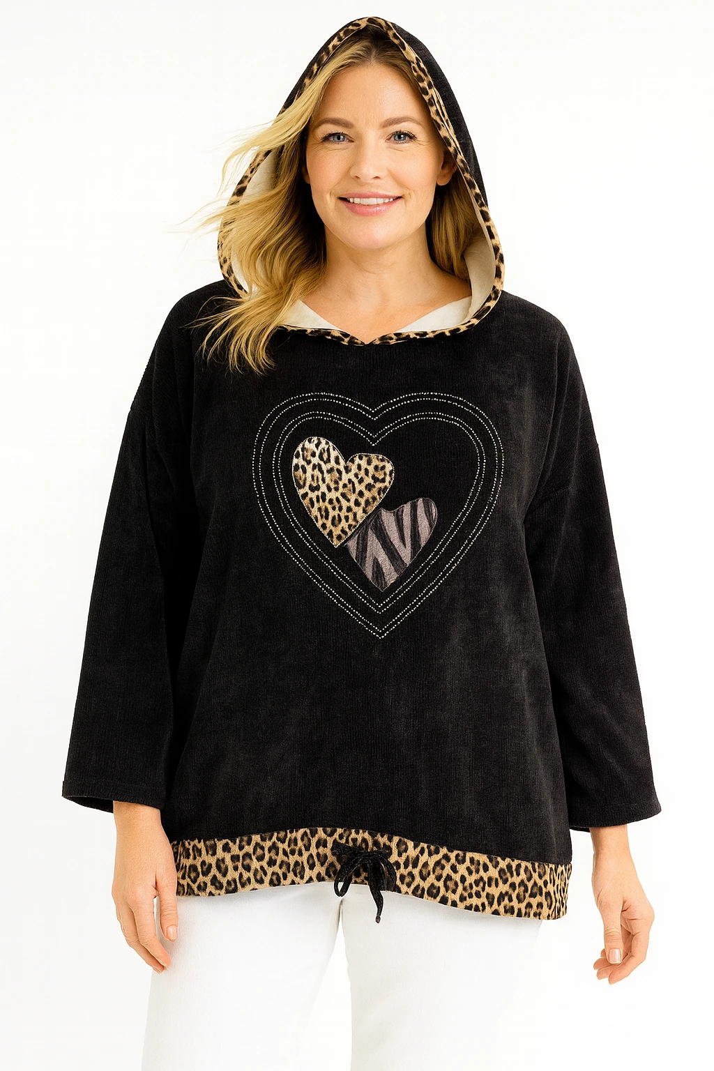 İtalyan Kalp Desenli Kapüşonlu Kadife Bluz - SİYAH