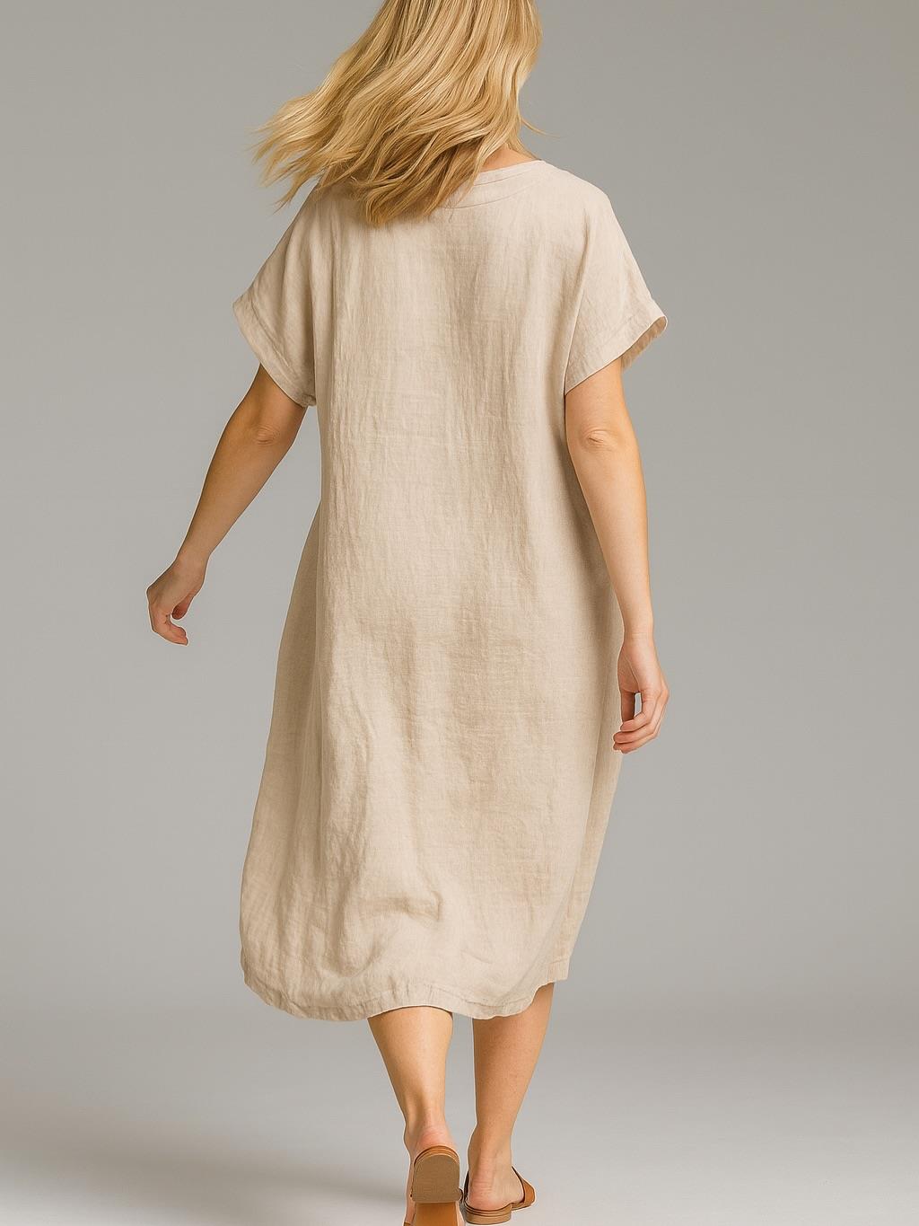 İtalyan Keten Toka Detaylı Elbise - BEJ