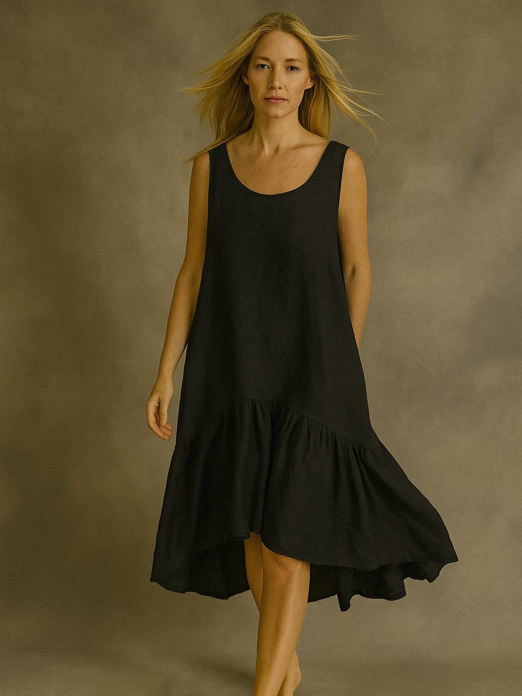 İtalyan Sırttan Bağlamalı Keten Elbise - SİYAH