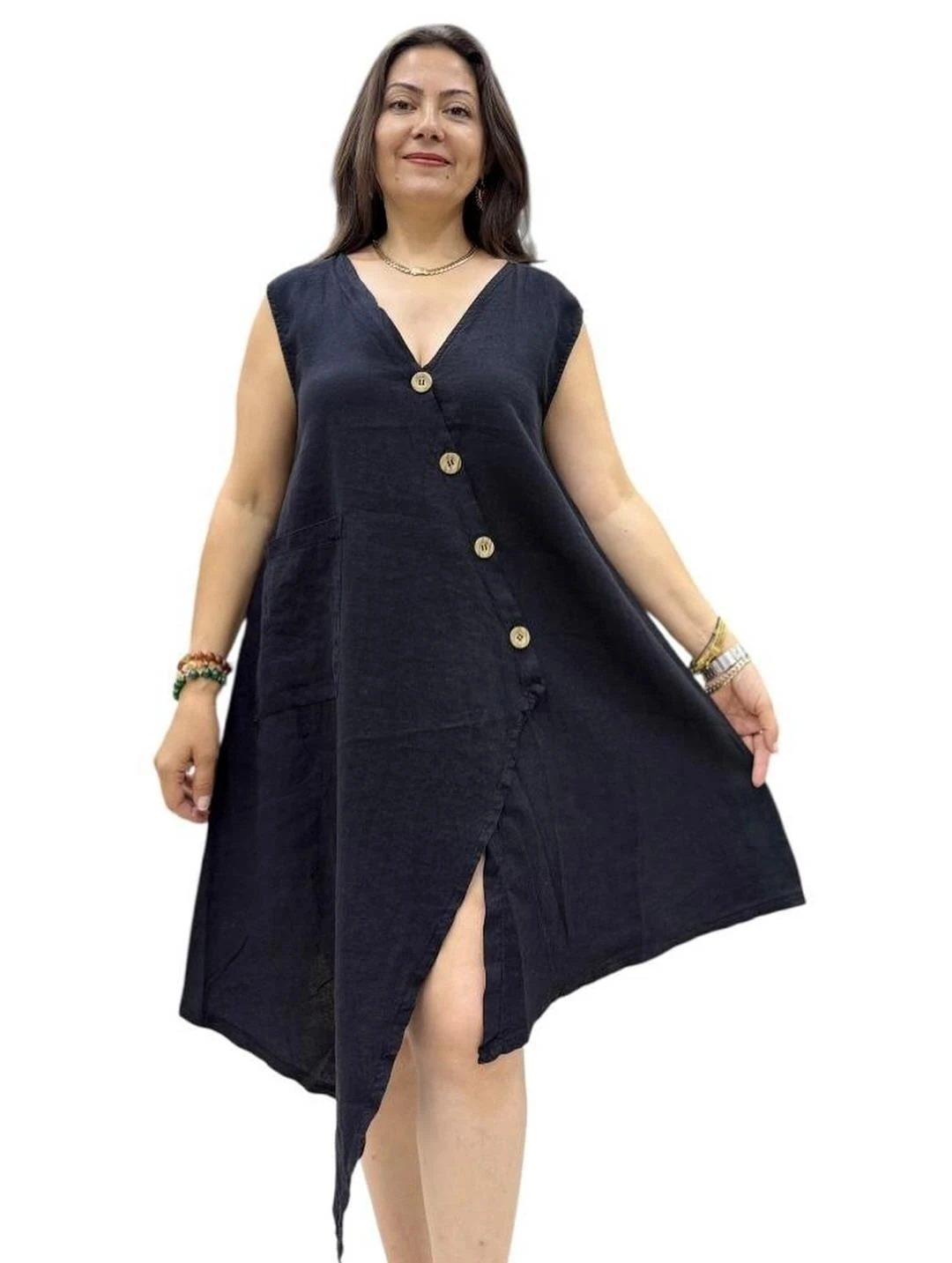 İtalyan Keten Tasarım Elbise - SİYAH