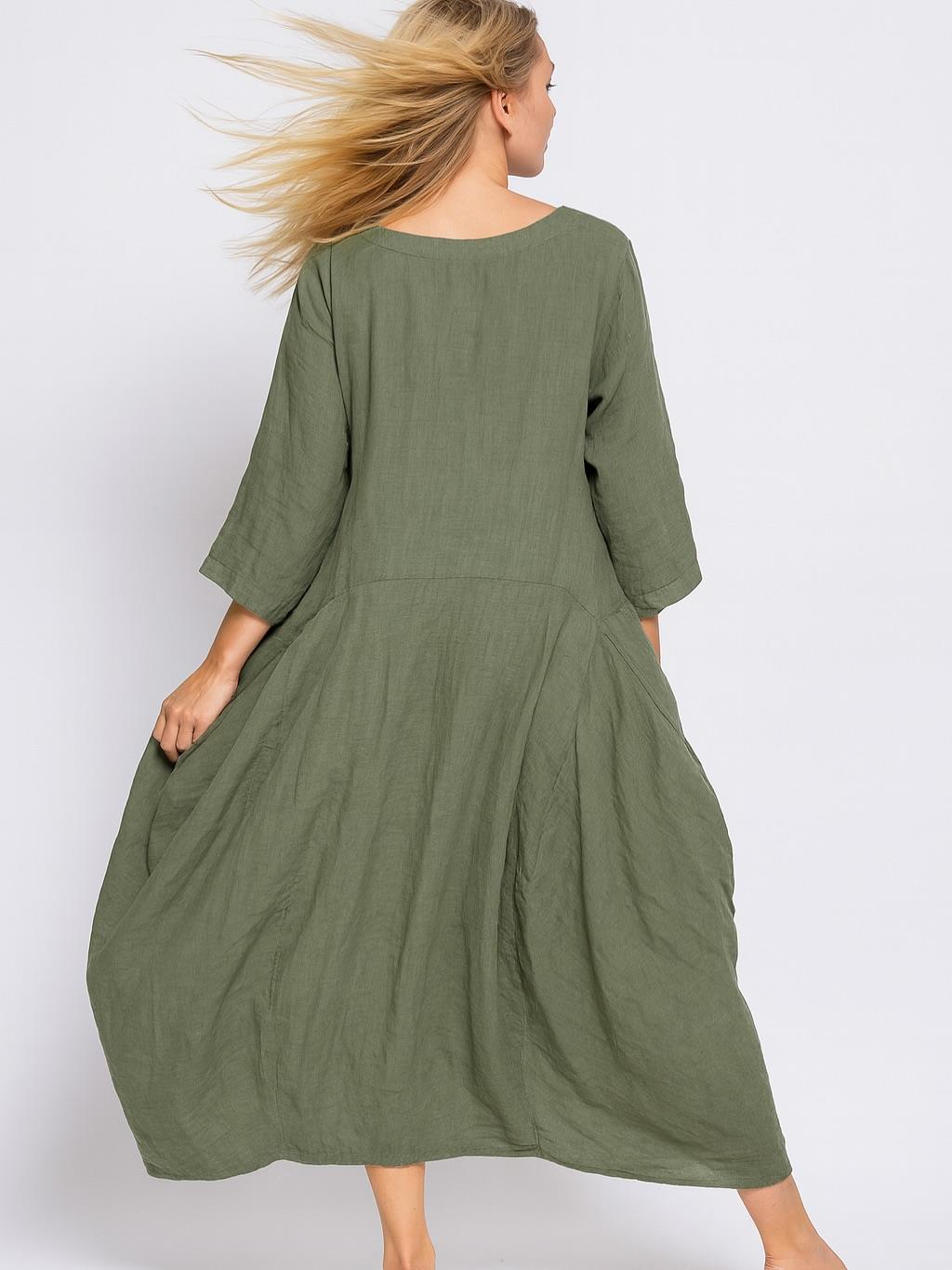 İtalyan Keten Cep Detaylı Elbise - HAKİ