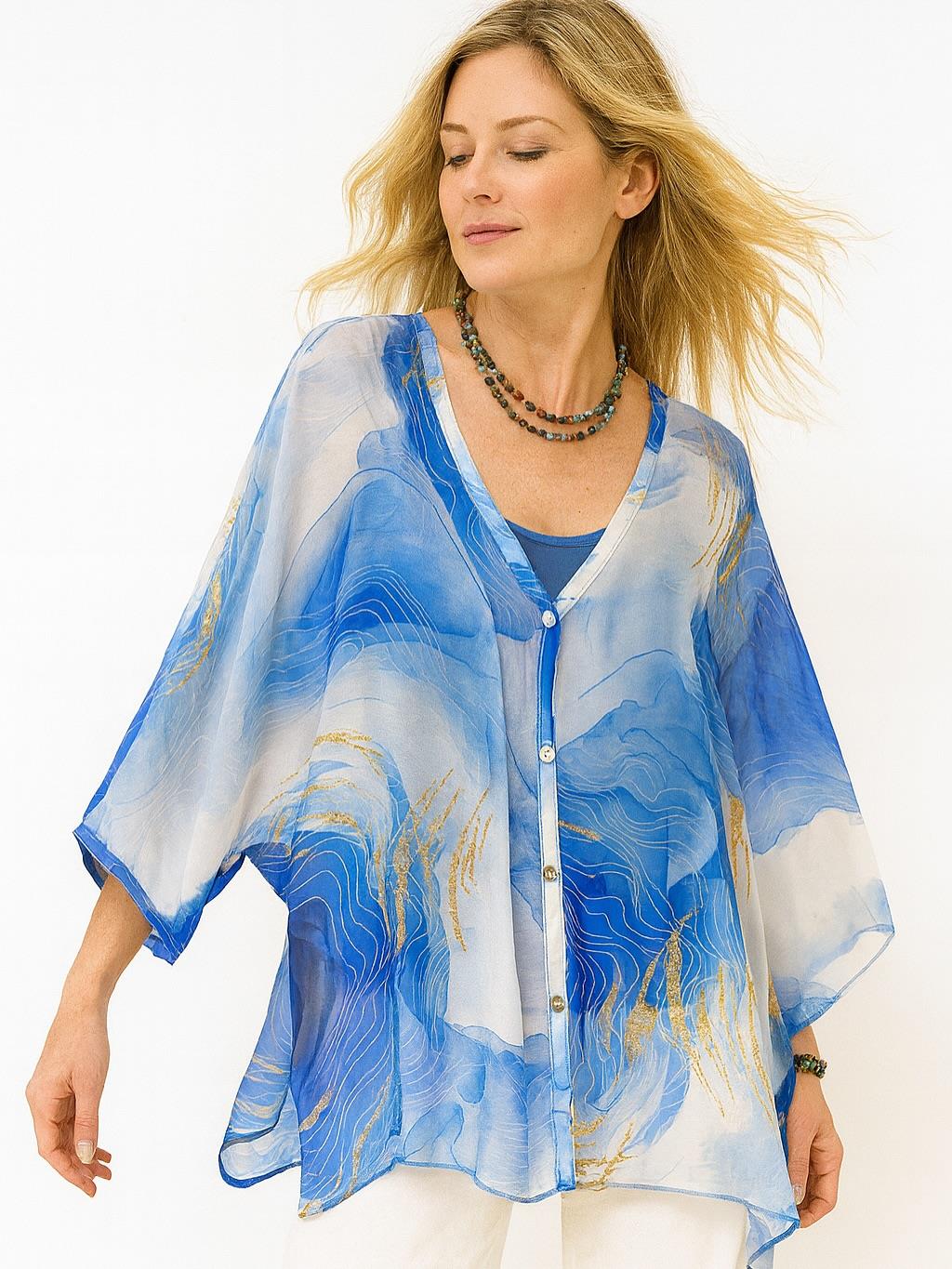 İtalyan Dalga Desen İpek Bluz - SAKS MAVİ