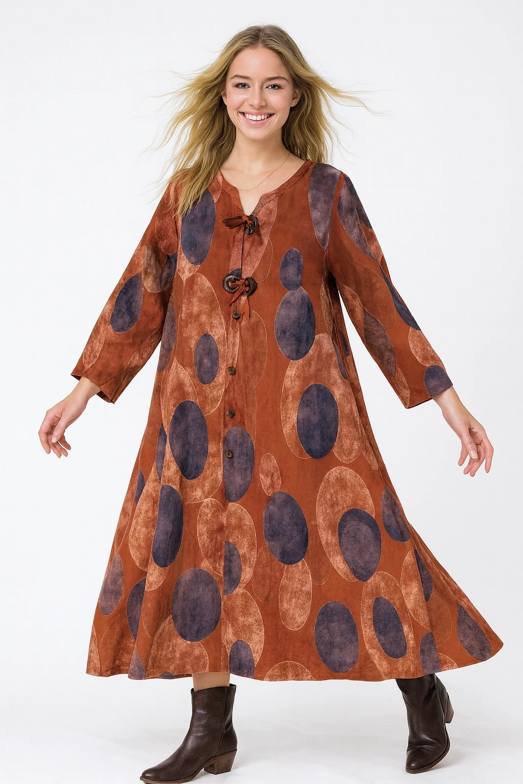 İtalyan Desenli İnce Fitilli Kadife Elbise - TUĞLA