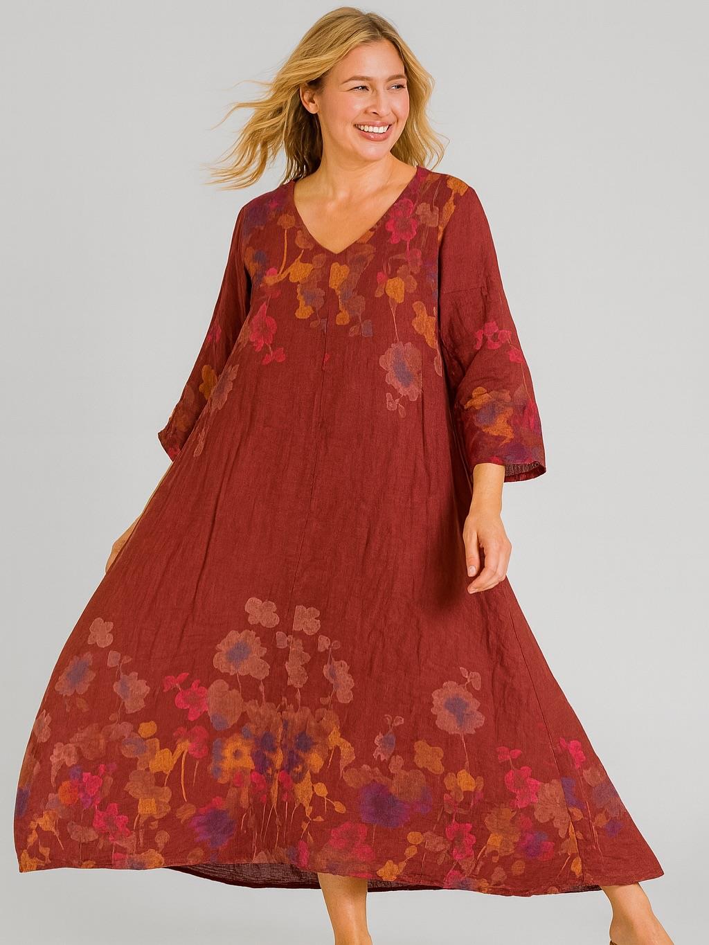 İtalyan Keten Çiçek Desenli Elbise - BORDO