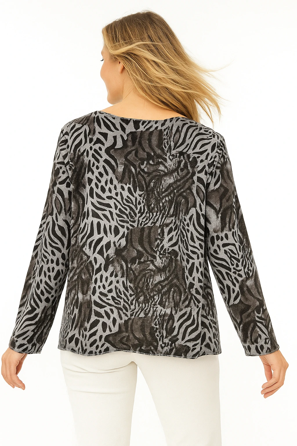 İtalyan Leopar Desen Triko Bluz - GRİ