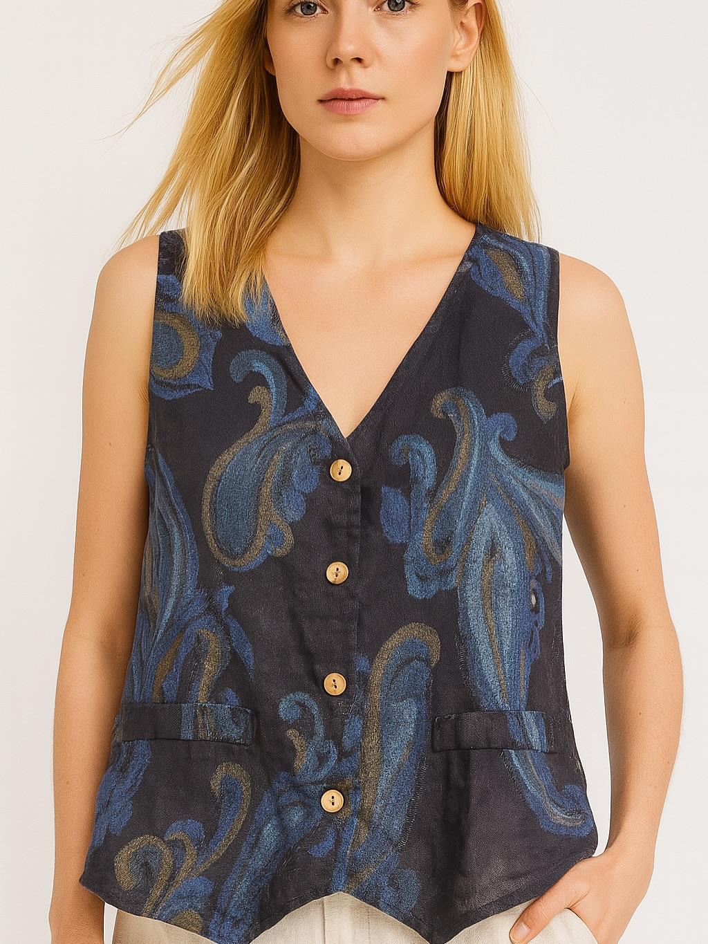 İtalyan Keten Yelek - LACİVERT