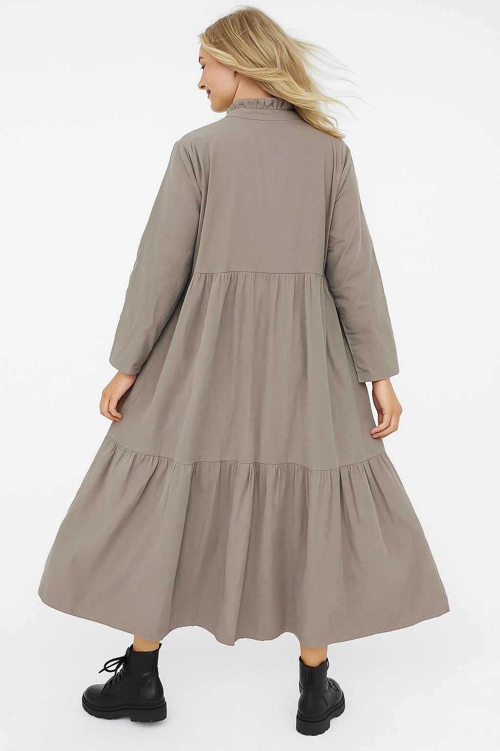 İtalyan Düğme Detaylı Kadife Elbise - VİZON