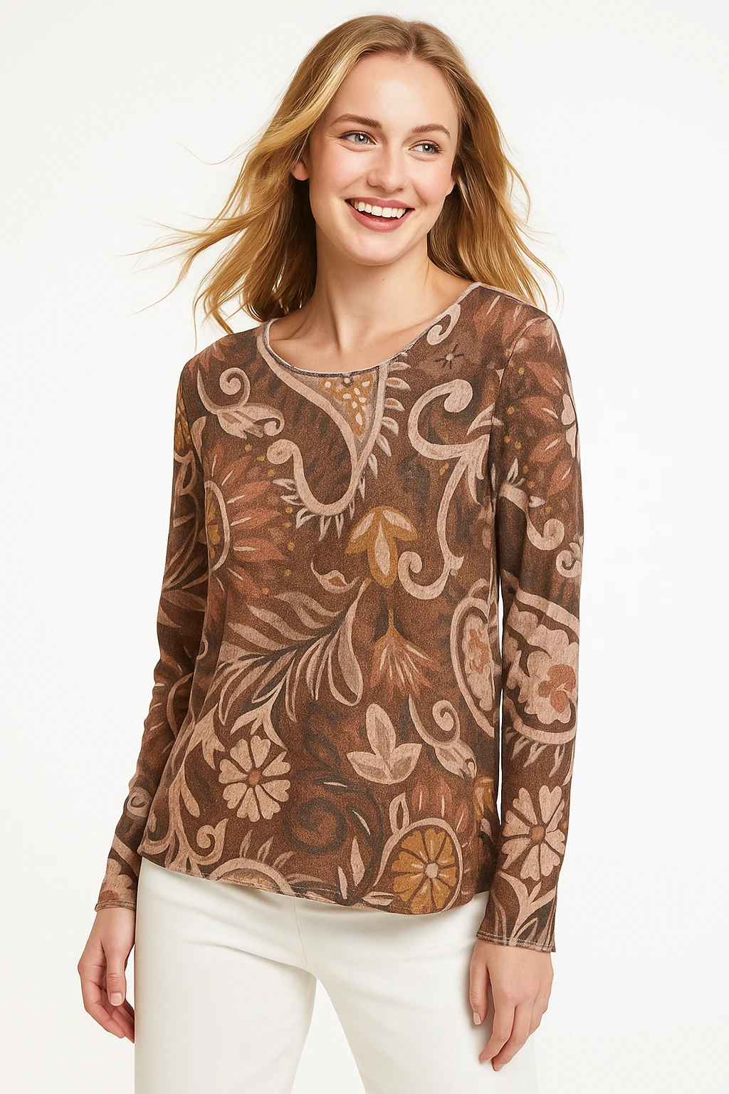 İtalyan Yaprak Desenli Geniş Yaka Triko Bluz - KİREMİT