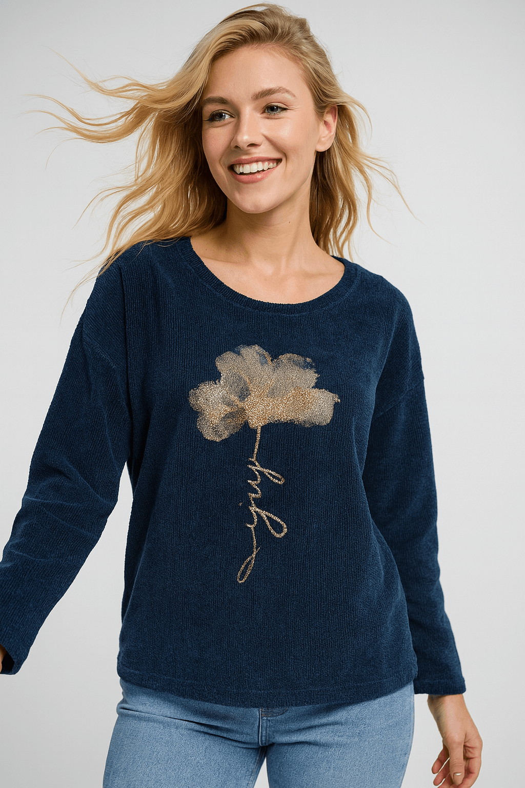 İtalyan Çiçek Desen Kadife Bluz - LACİVERT