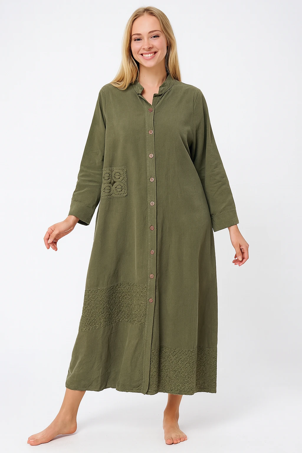 İtalyan Dantel Detaylı İnce Fitilli Kadife Elbise - HAKİ